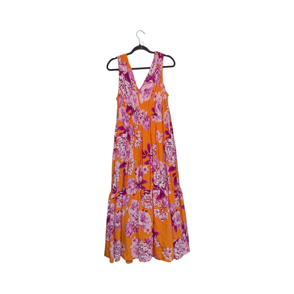 Anthropologie Gathered Maxi Dress Tiered Orange Pink Floral Womens 1X V Neck - Picture 2 of 6